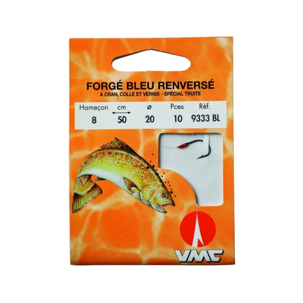 Forgé Bleu Renversé à Cran Collé et Vernis 9333 BL 50 cm Hameçons N°8 sur Nylon 20/100