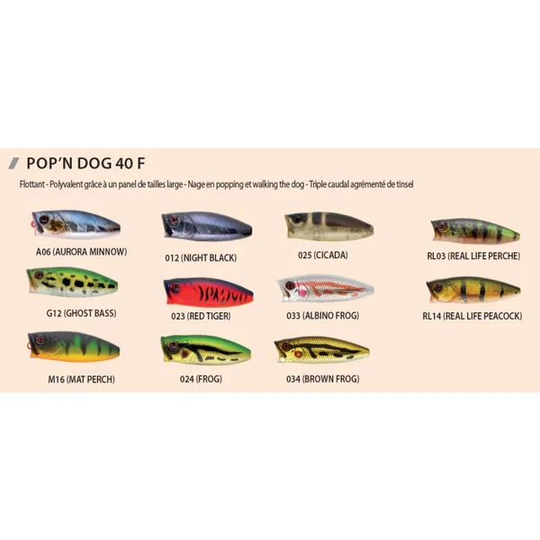 Leurre Poppers Sakura Pop'N Dog Flottant 40 mm 3,3 gr A06 Aurora Minnow