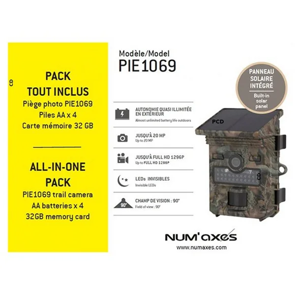 Pack Piège Photographique Num Axes PIE1069 Avec Panneau Solaire Intégré 4 Piles Aa Et Carte Mémoire 32GB